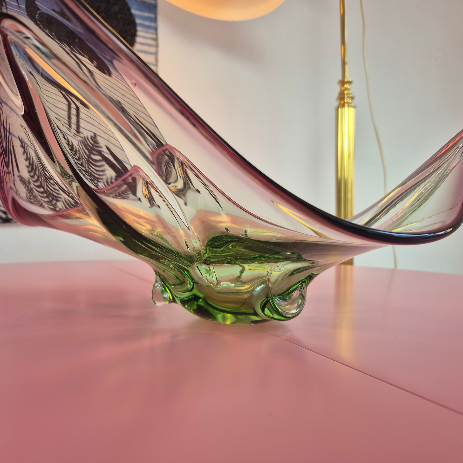 Decorative bowl, glass transparent pink with green, France, 1960s. - 324923