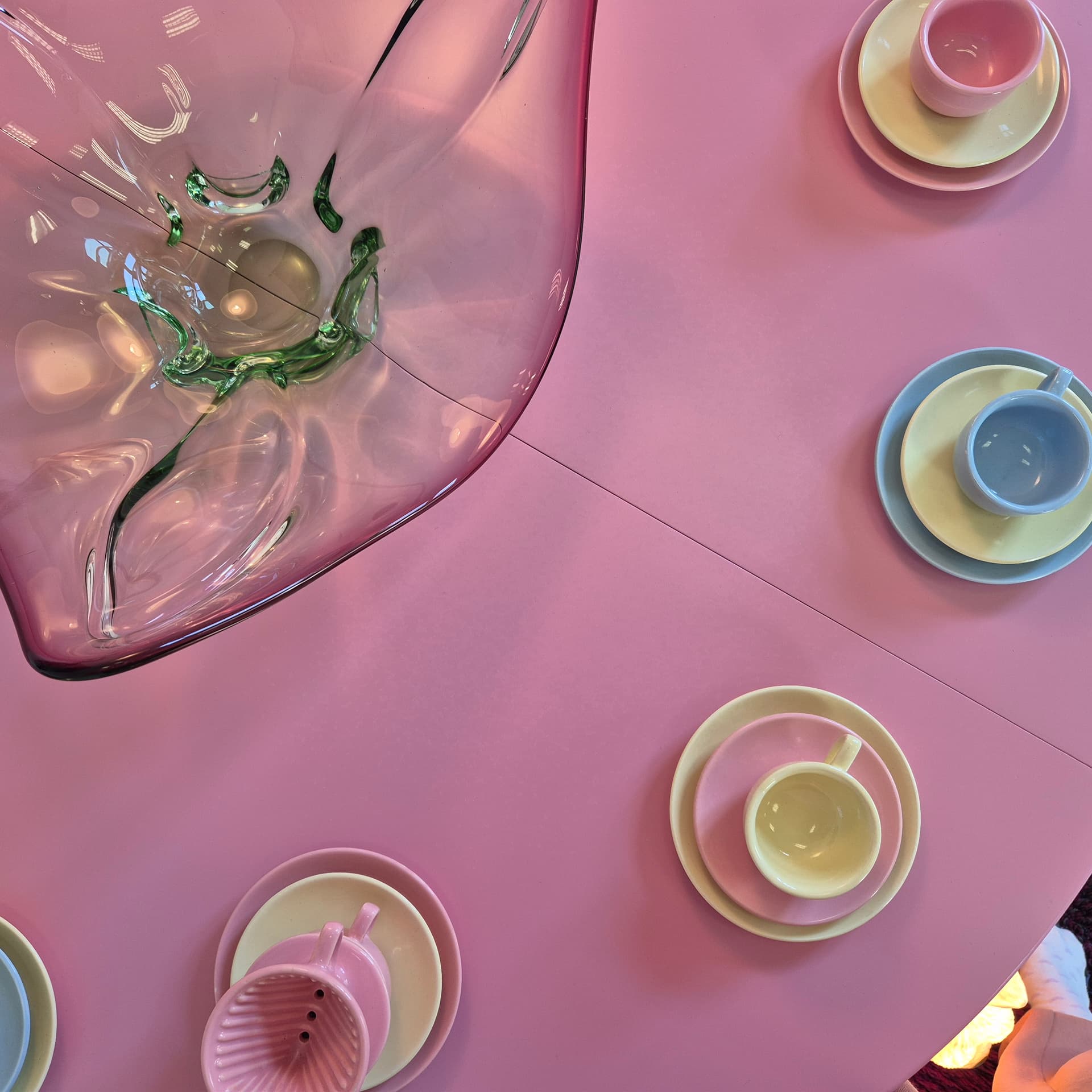 Decorative bowl, glass transparent pink with green, France, 1960s. - 324925