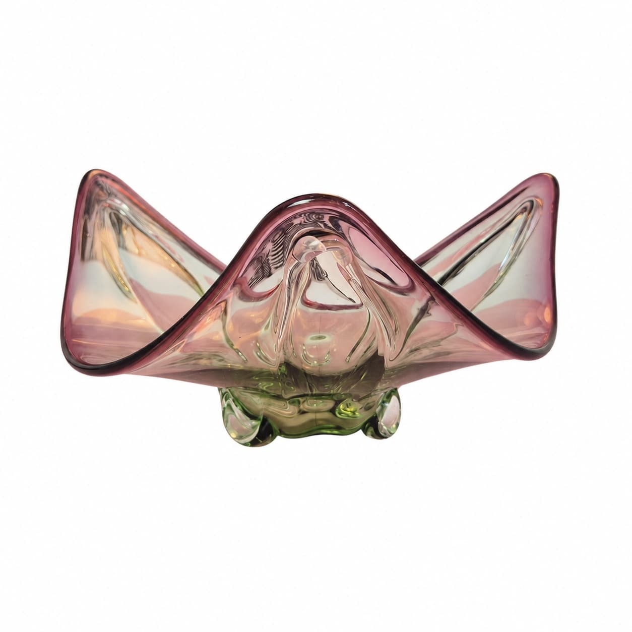 Decorative bowl, glass transparent pink with green, France, 1960s.