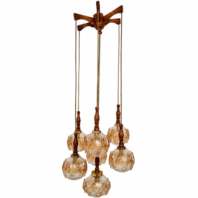 Cascading pendant lamp, honey glass, walnut, brass, Germany, 1960s.