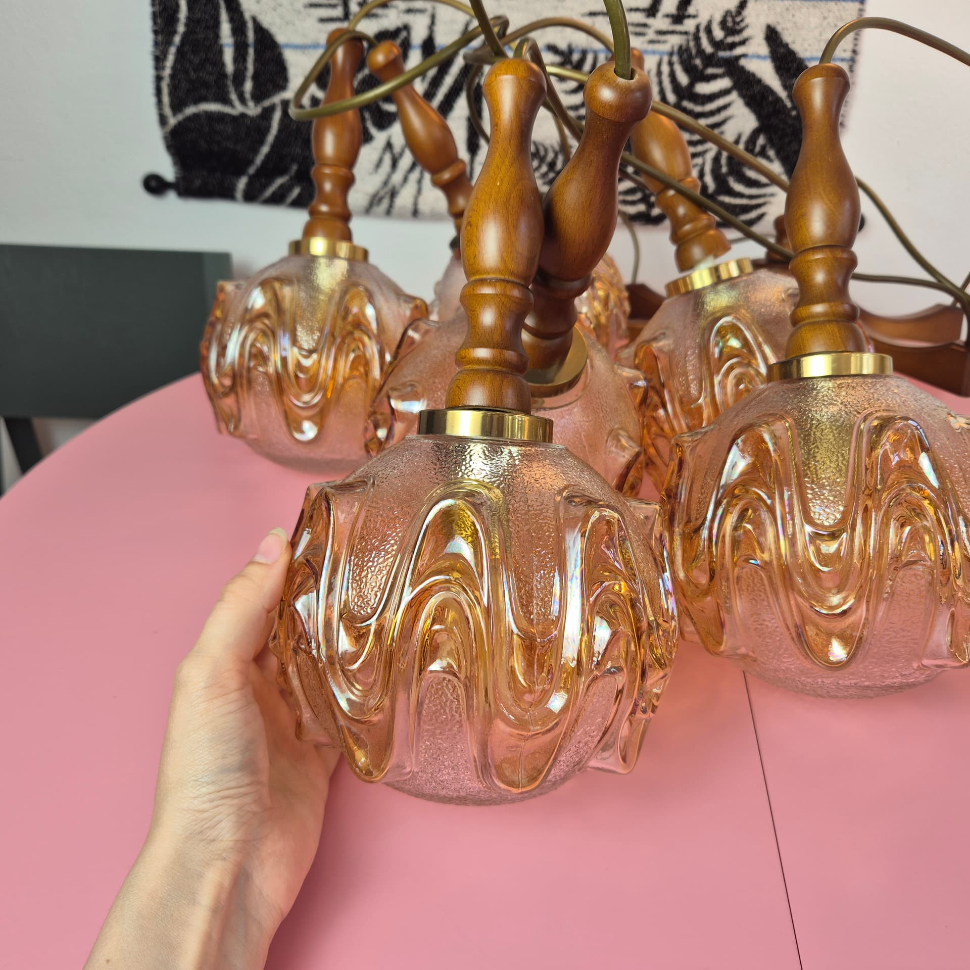 Cascading pendant lamp, honey glass, walnut, brass, Germany, 1960s. - 324950