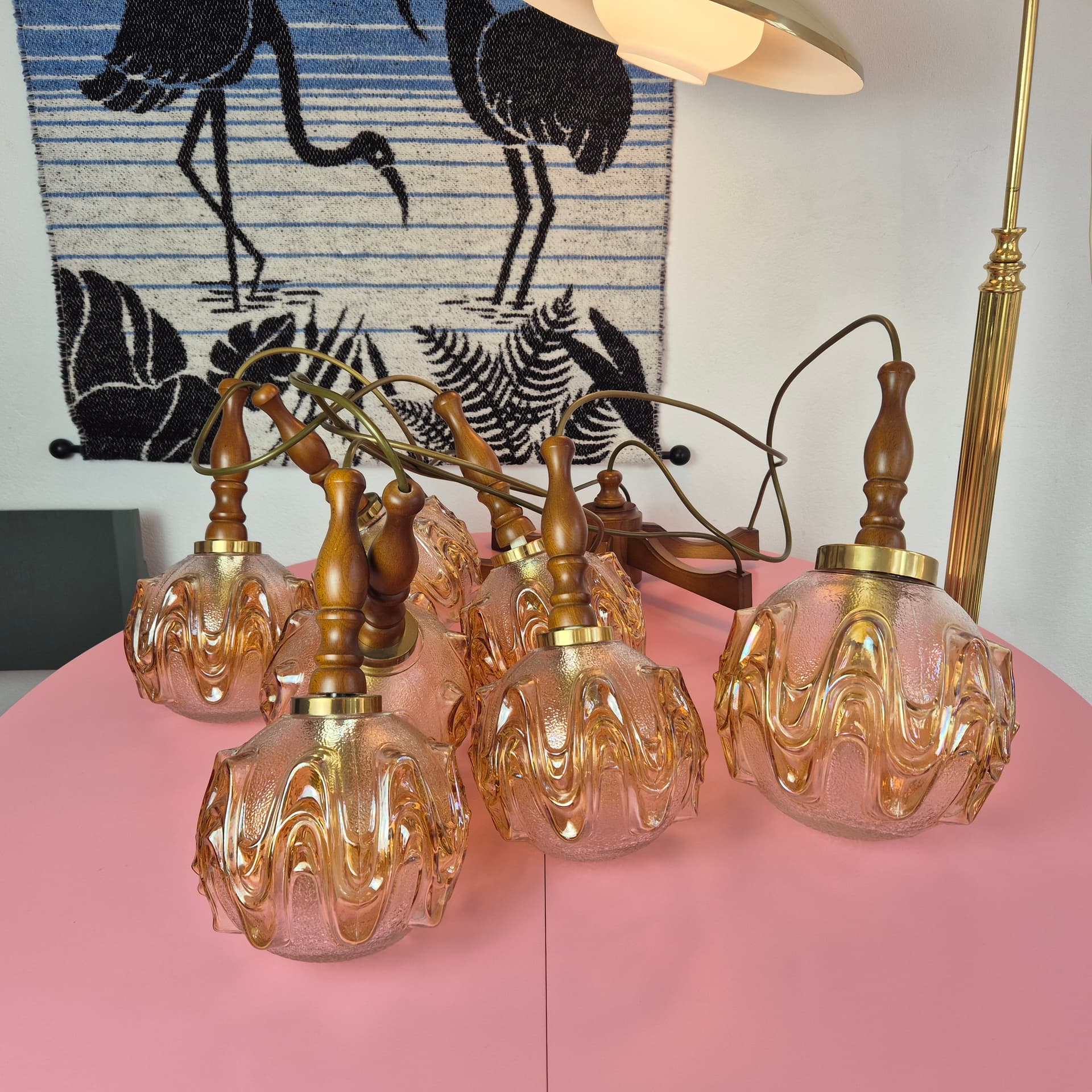 Cascading pendant lamp, honey glass, walnut, brass, Germany, 1960s. - 324953