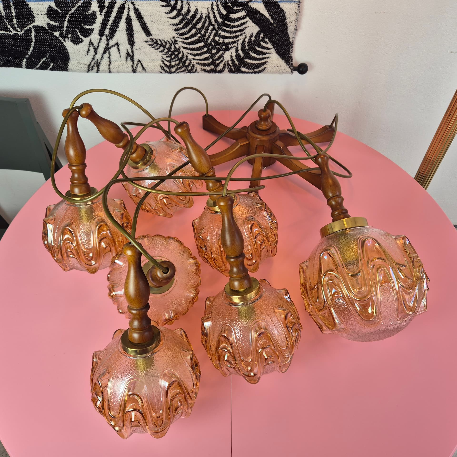 Cascading pendant lamp, honey glass, walnut, brass, Germany, 1960s. - 324949