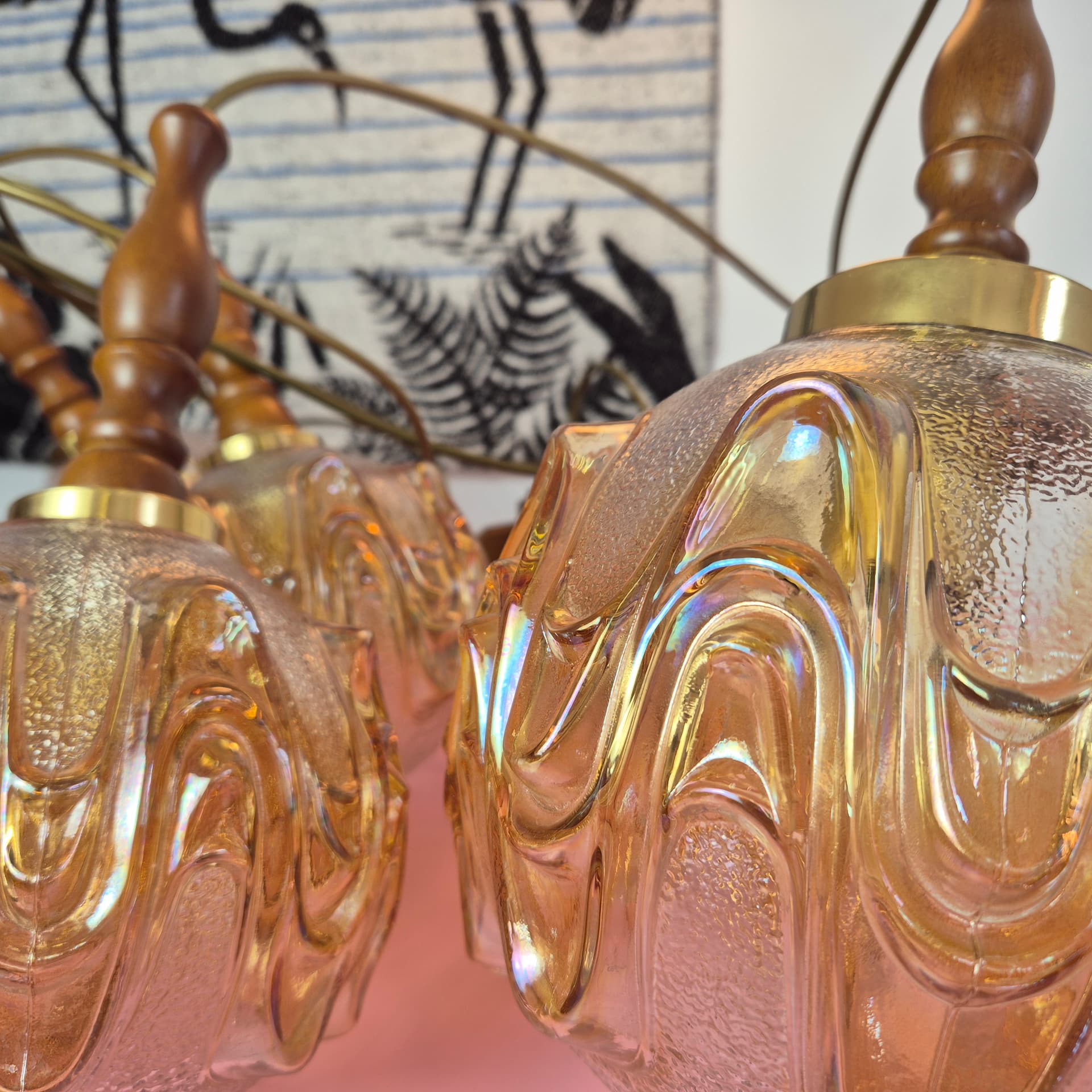 Cascading pendant lamp, honey glass, walnut, brass, Germany, 1960s. - 324947