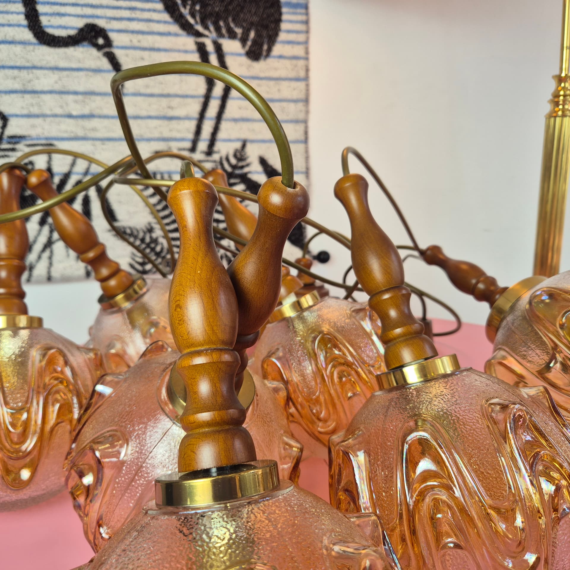 Cascading pendant lamp, honey glass, walnut, brass, Germany, 1960s. - 324948
