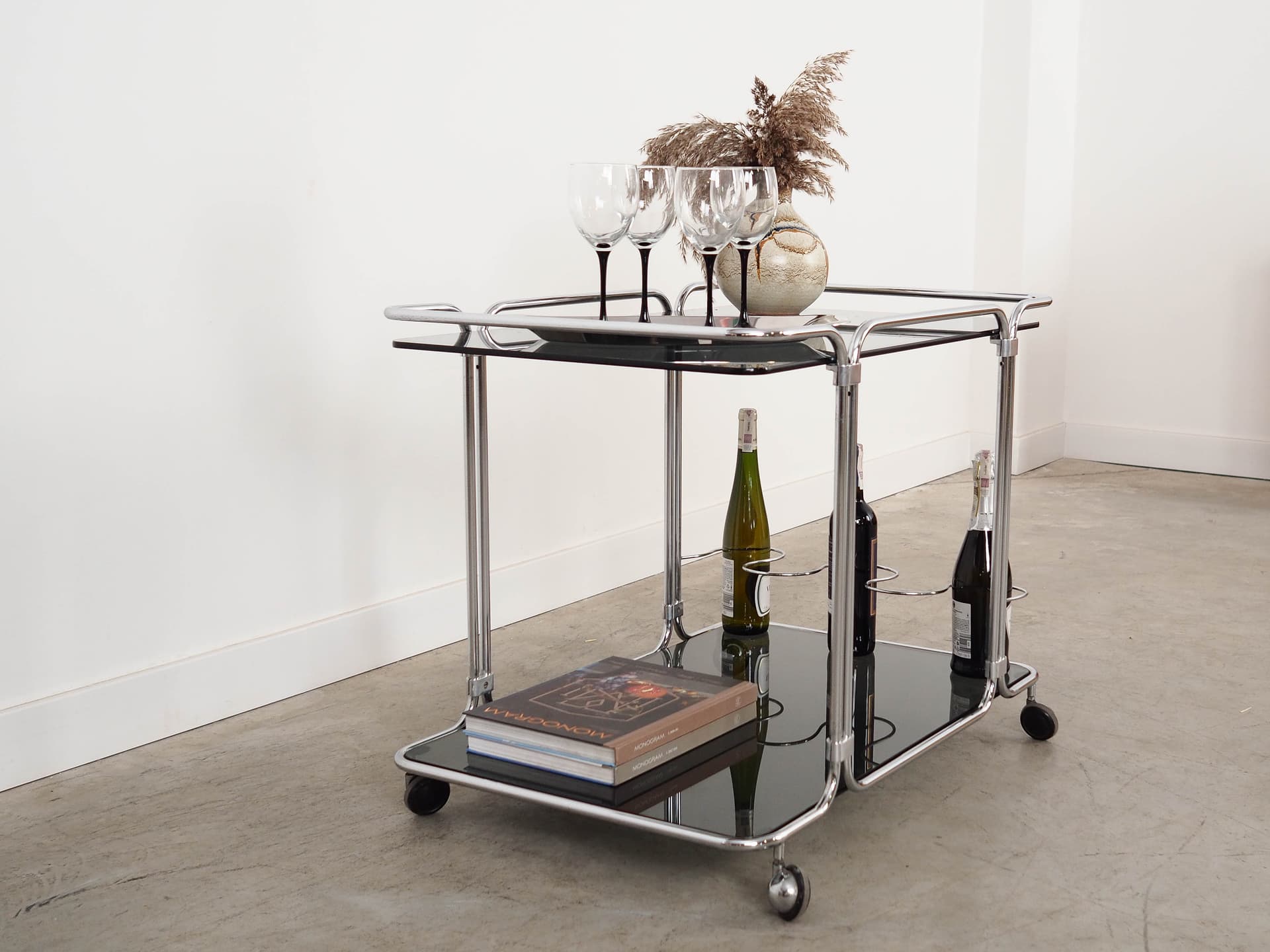Bar cart, black glass, silver chrome, Italy, 1970s. - 325049
