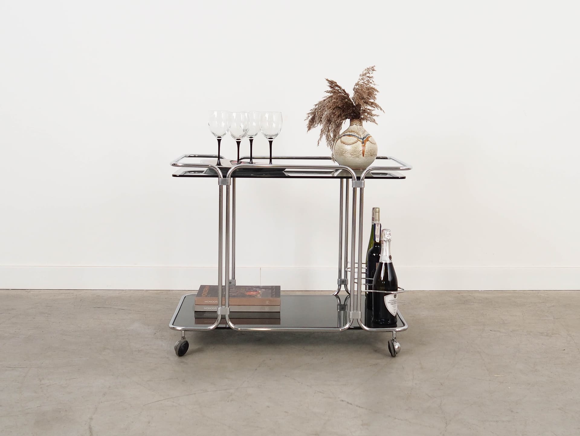 Bar cart, black glass, silver chrome, Italy, 1970s. - 325046