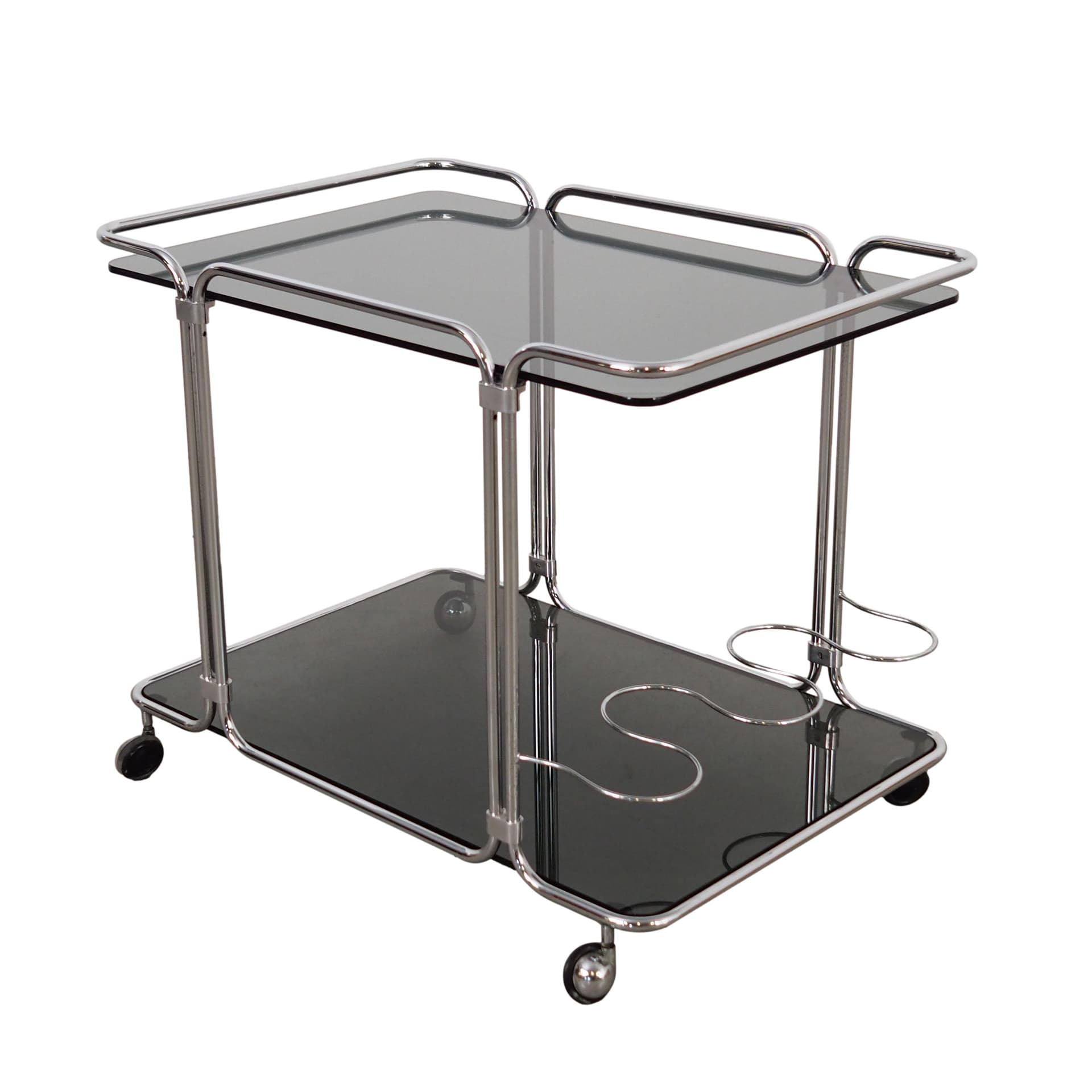 Bar cart, black glass, silver chrome, Italy, 1970s.