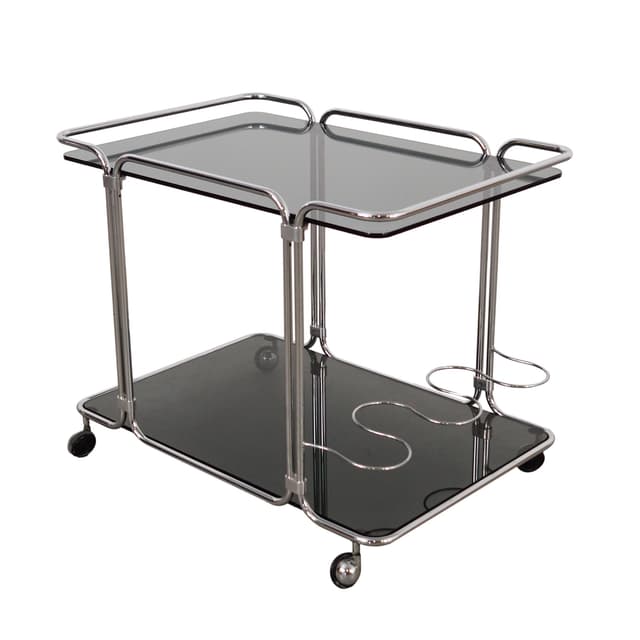 Bar cart, black glass, silver chrome, Italy, 1970s. - DIMENSION