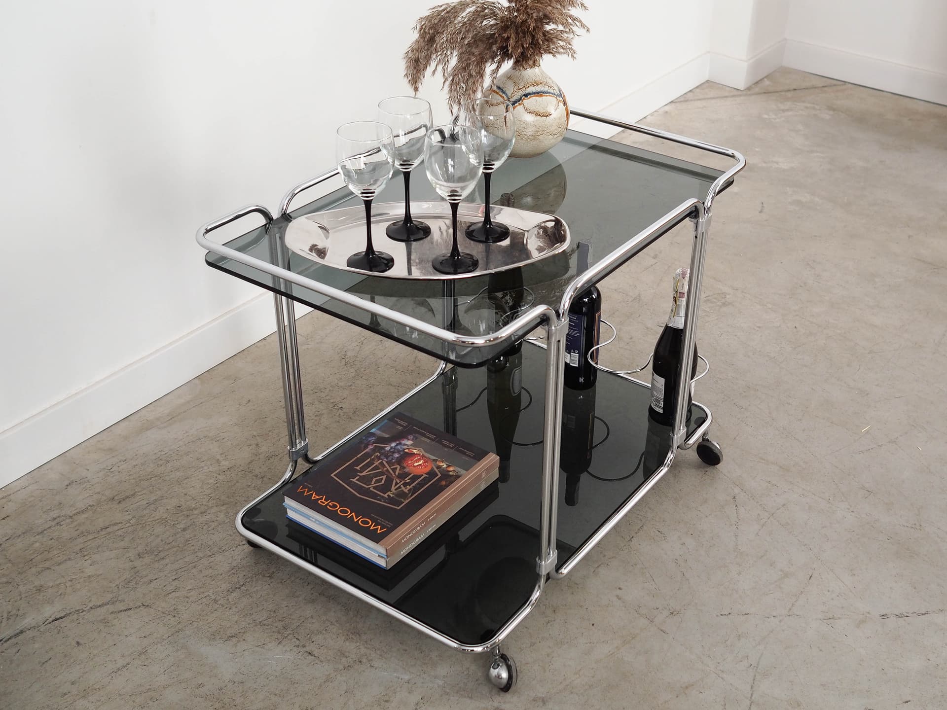 Bar cart, black glass, silver chrome, Italy, 1970s. - 325050