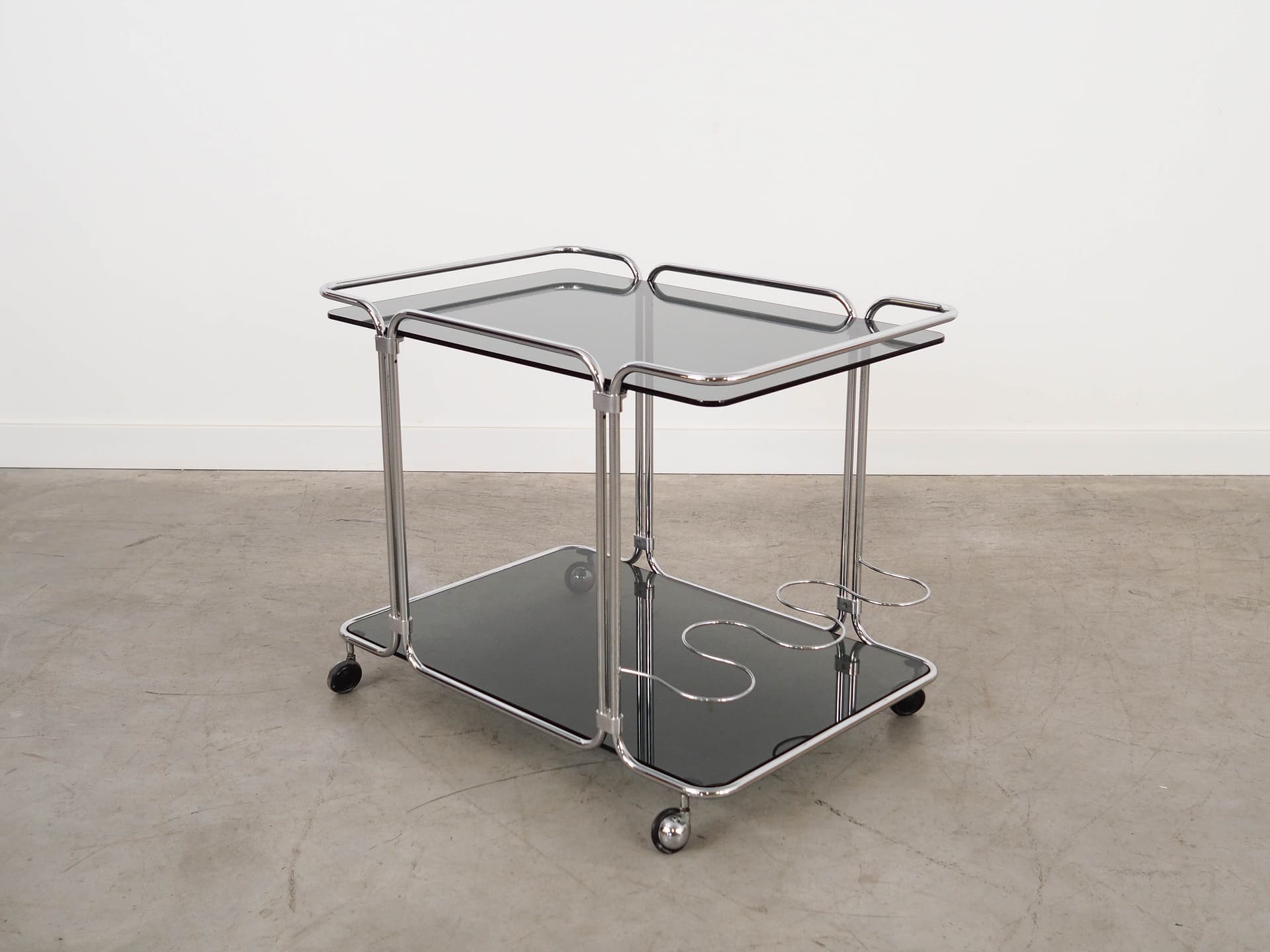 Bar cart, black glass, silver chrome, Italy, 1970s. - 325045