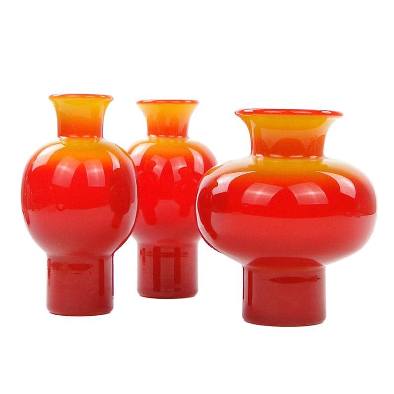Set of three Cyntia vases, red orange yellow, colored soda-lime glass, by Z. Horbowy, Huta Szkła Inwald, Poland, 1970s.