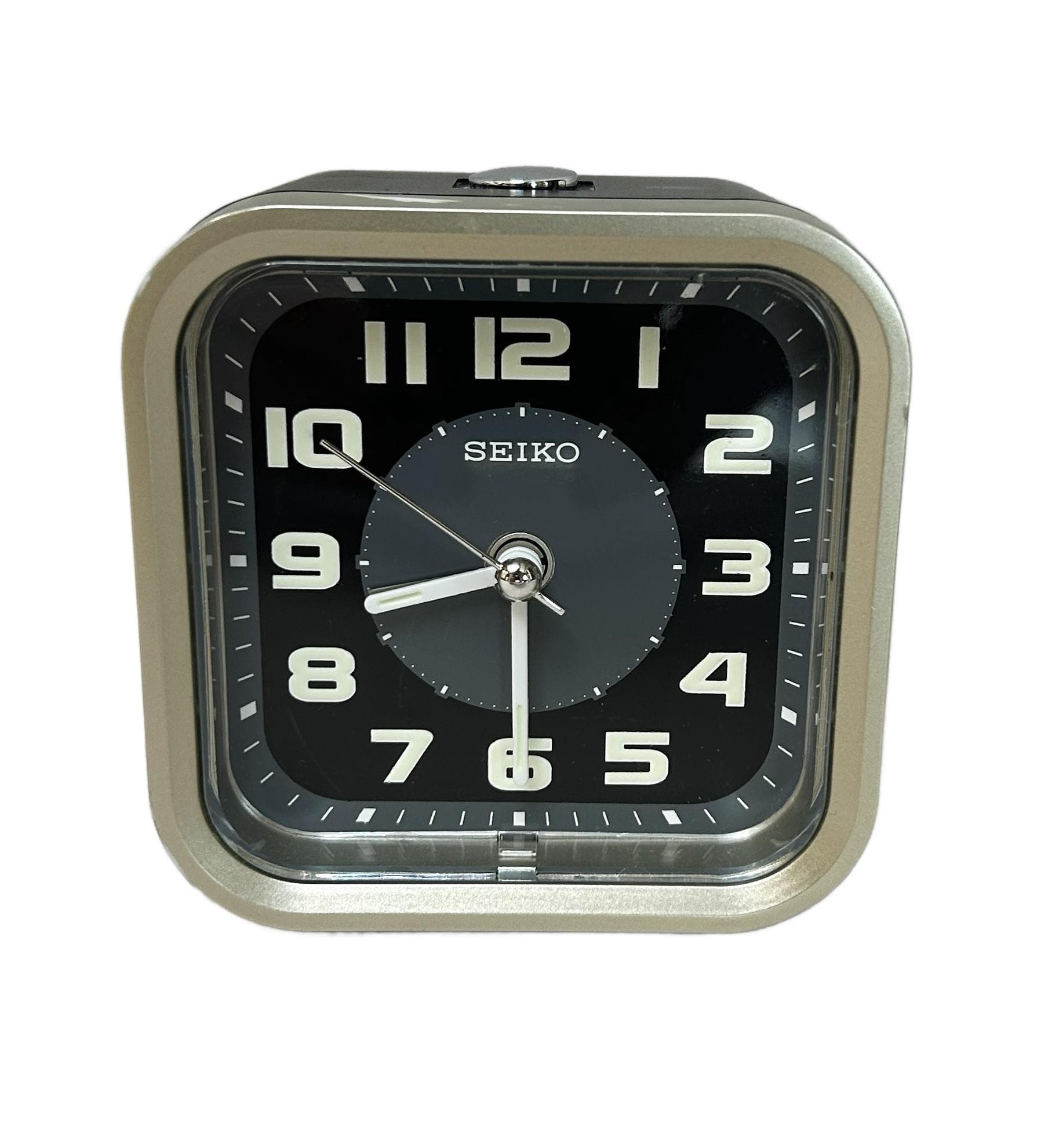 Alarm clock, silver plastic, transparent acrylic, Japan, 1980s.