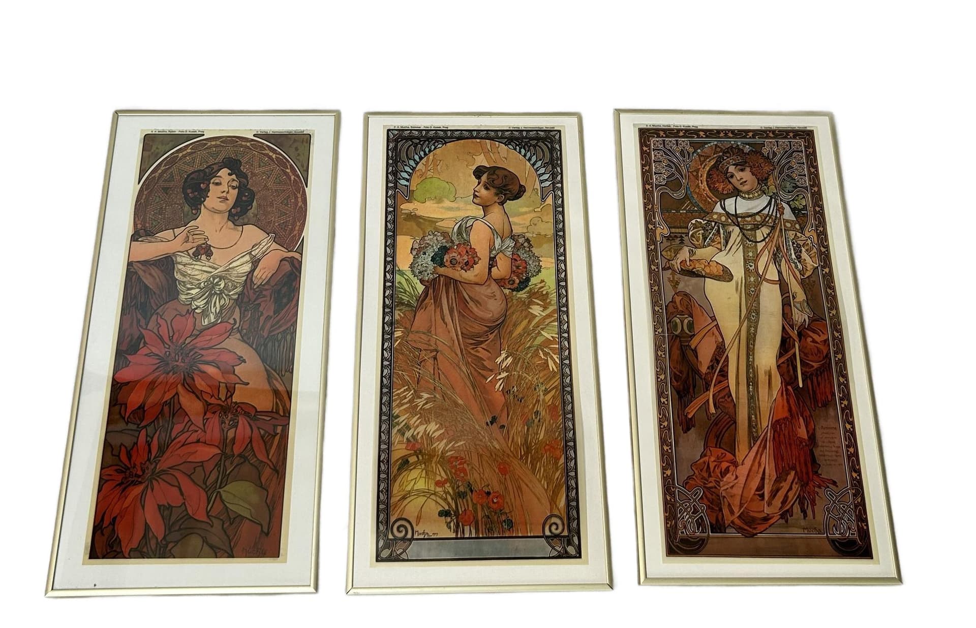 Set of Three Art Nouveau Prints, 49x24 cm, by A. Mucha