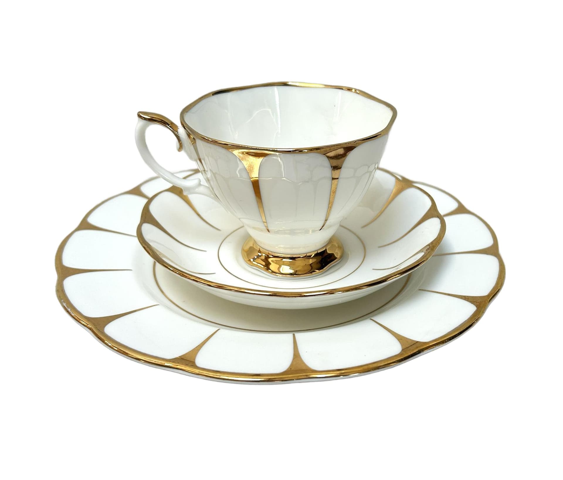 Zestaw trio Art Deco, biały złoty, porcelana, Royal Vale, Wielka Brytania, lata 30.