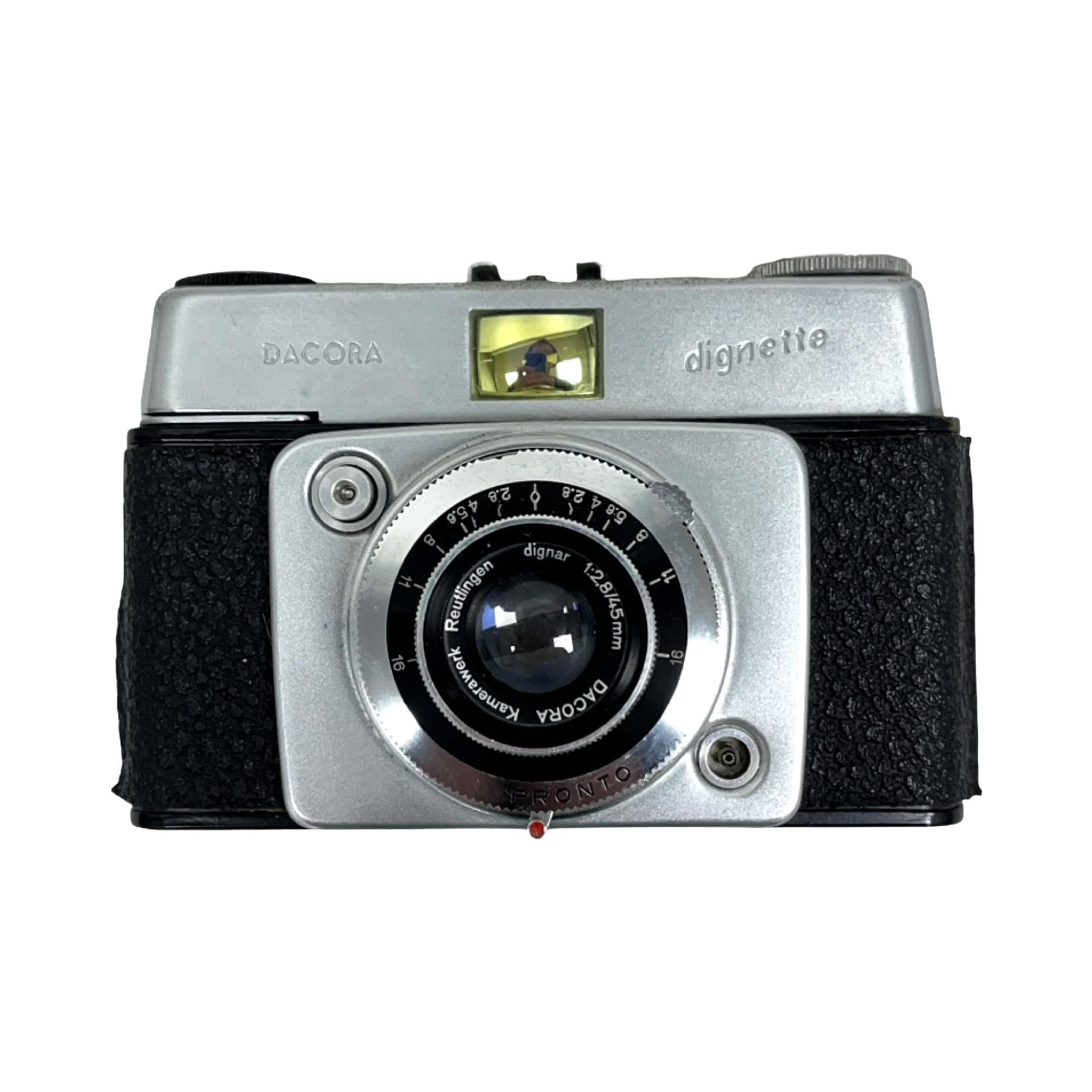 Camera Dacora Dignette, silver metal, black leather, Germany, 1950s