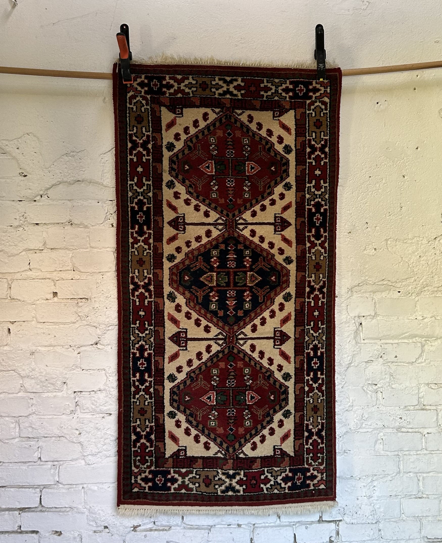 Persian rug 140x71 cm, red cream black green brown, wool, 1970s. - 325324