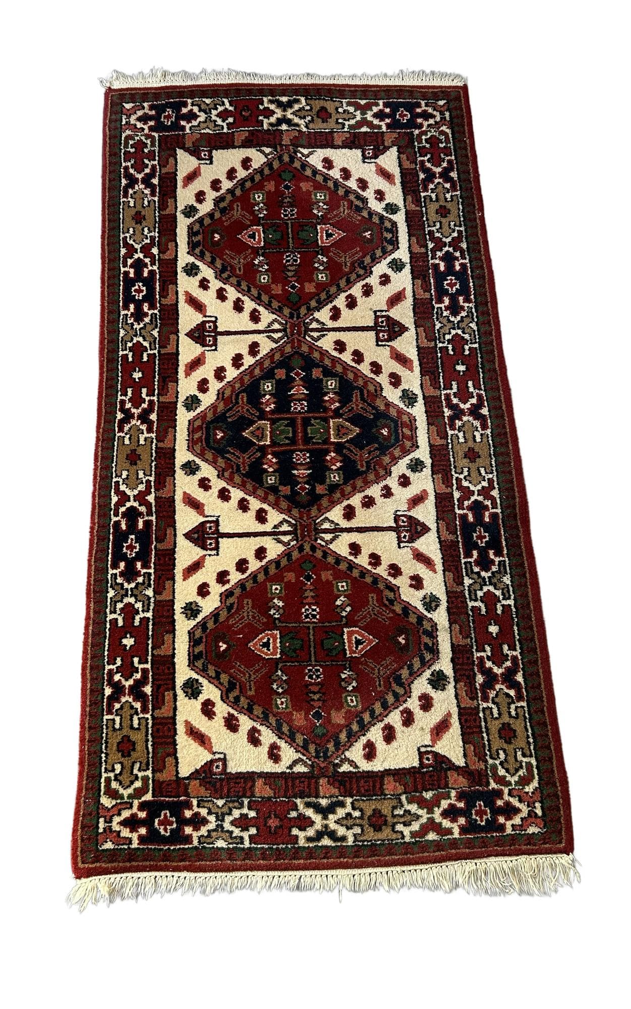 Persian rug 140x71 cm, red cream black green brown, wool, 1970s.