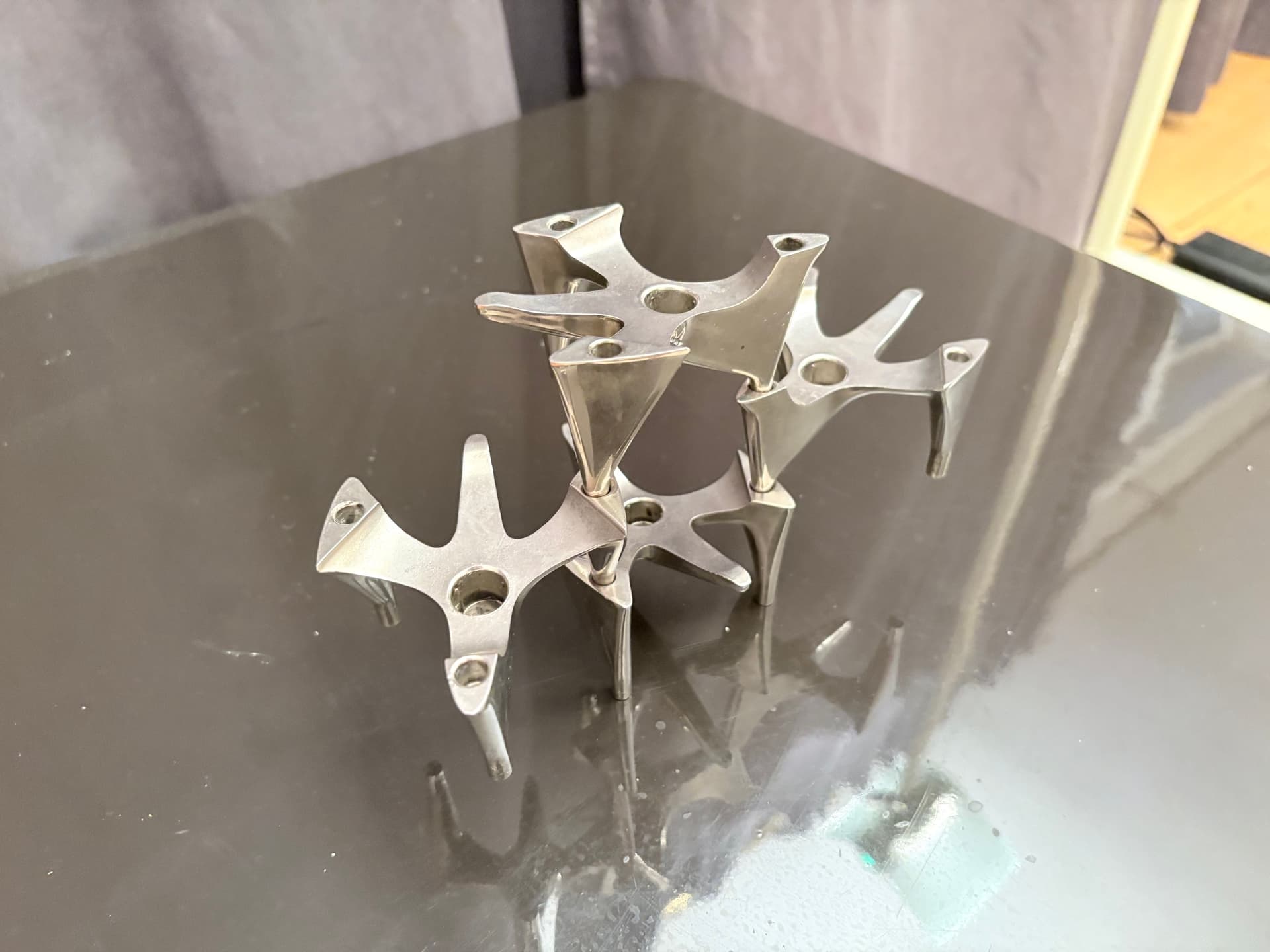 Set of Four Modular Candle Holders Space Age, silver, chrome stainless steel, Hammonia Motard, Germany, 1970s. - 325367