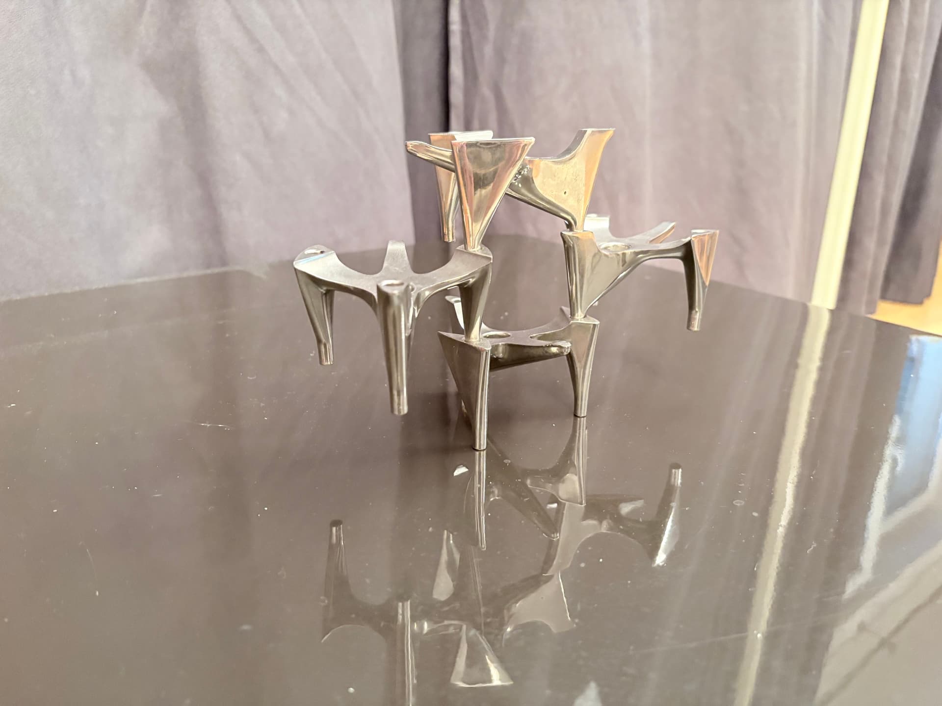 Set of Four Modular Candle Holders Space Age, silver, chrome stainless steel, Hammonia Motard, Germany, 1970s. - 325370