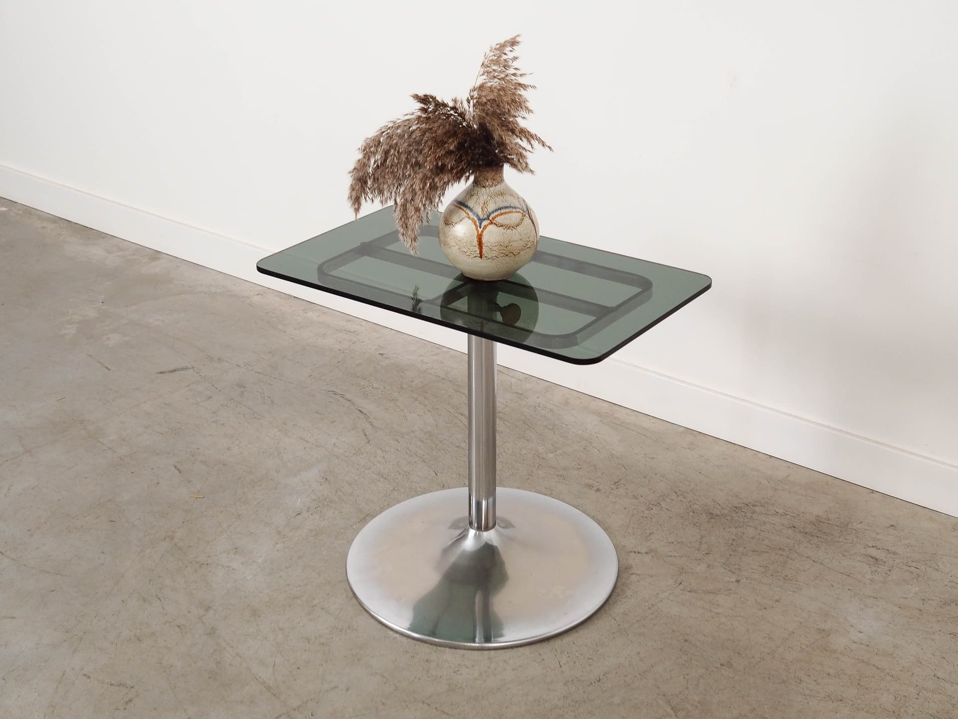 Side table, black glass, silver stainless steel, Italy, 1970s. - 325522