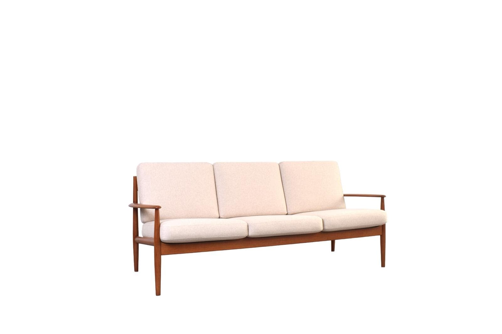 Sofa, teak brązowy, wełna beżowa, proj. G. Jalk, France & Søn, Dania, lata 60.