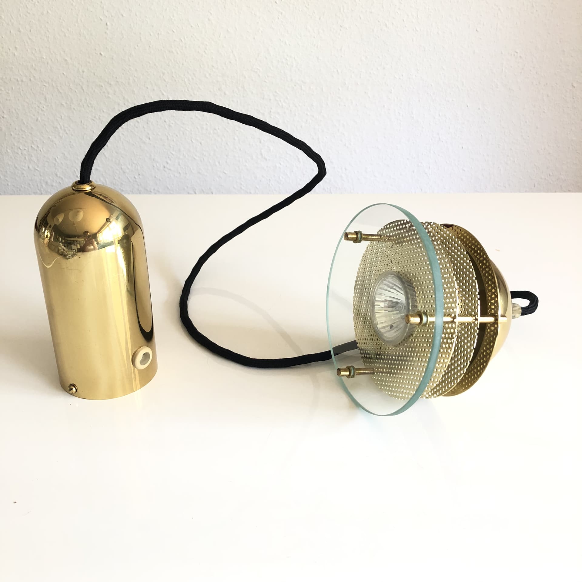 Ceiling lamp, gilded brass, glass, Germany, 1970s - 24443