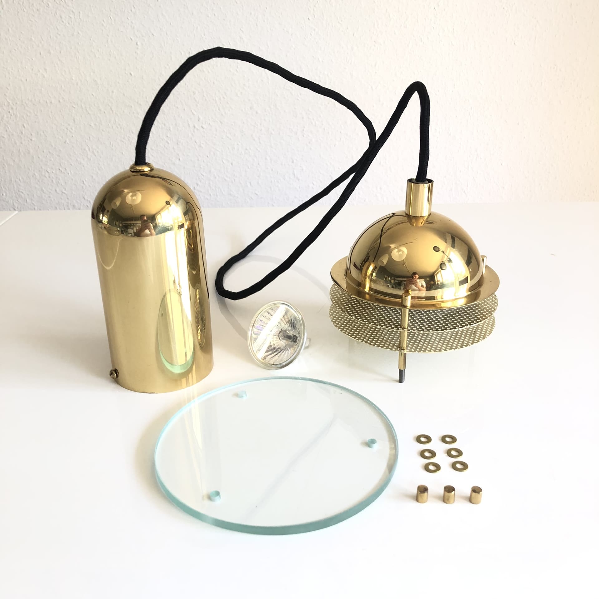 Ceiling lamp, gilded brass, glass, Germany, 1970s - 24446