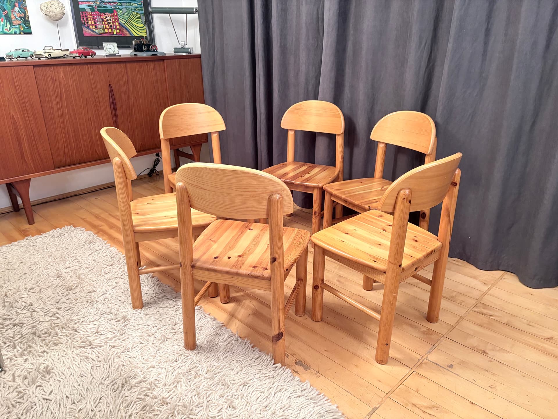 Set of Six Chairs, brown pine, by R. Daumiller, Denmark, 1970s. - 325693