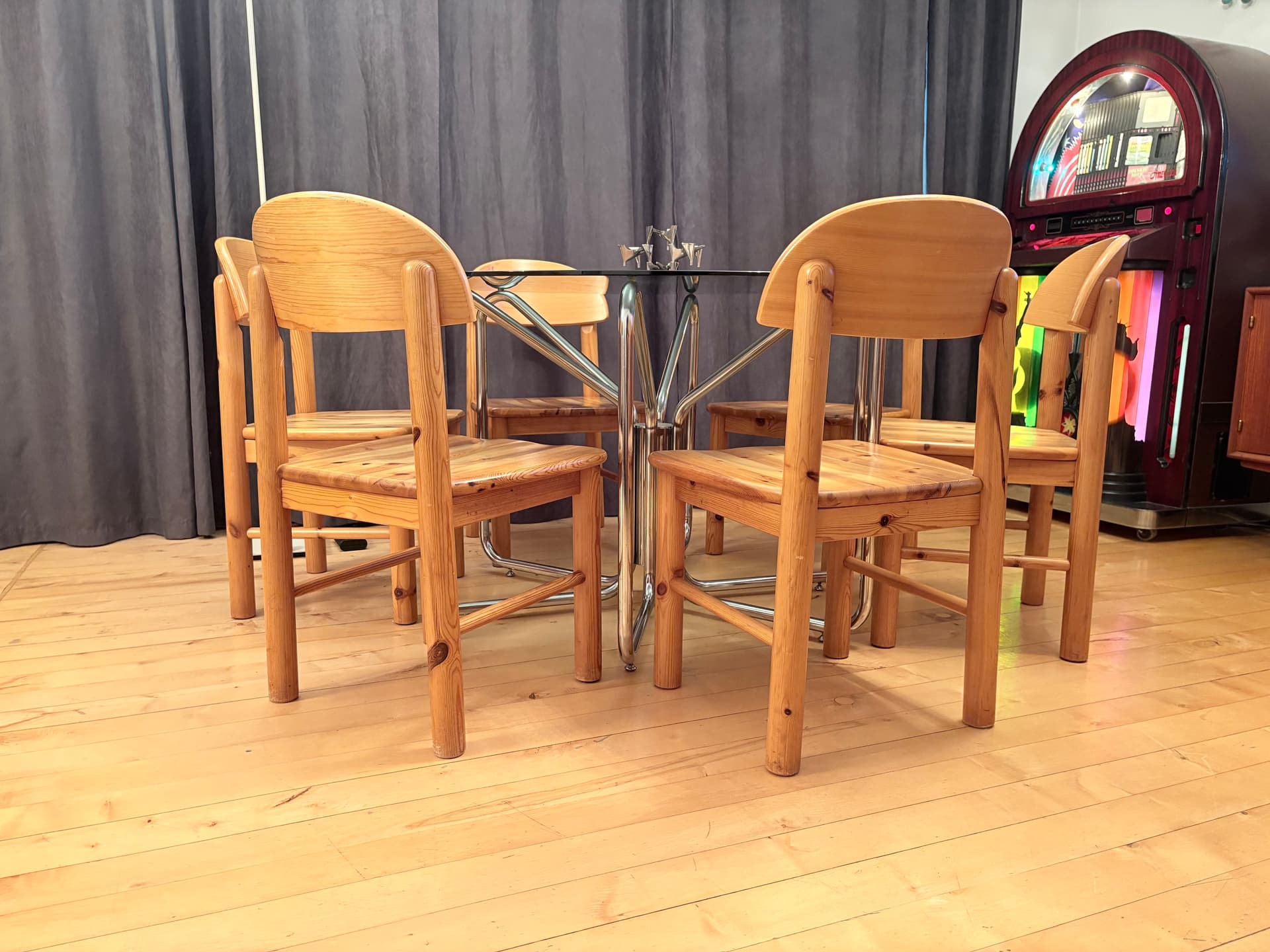 Set of Six Chairs, brown pine, by R. Daumiller, Denmark, 1970s. - 325702