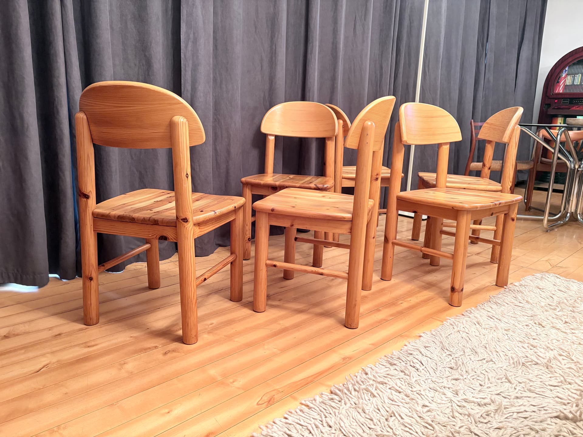 Set of Six Chairs, brown pine, by R. Daumiller, Denmark, 1970s. - 325697