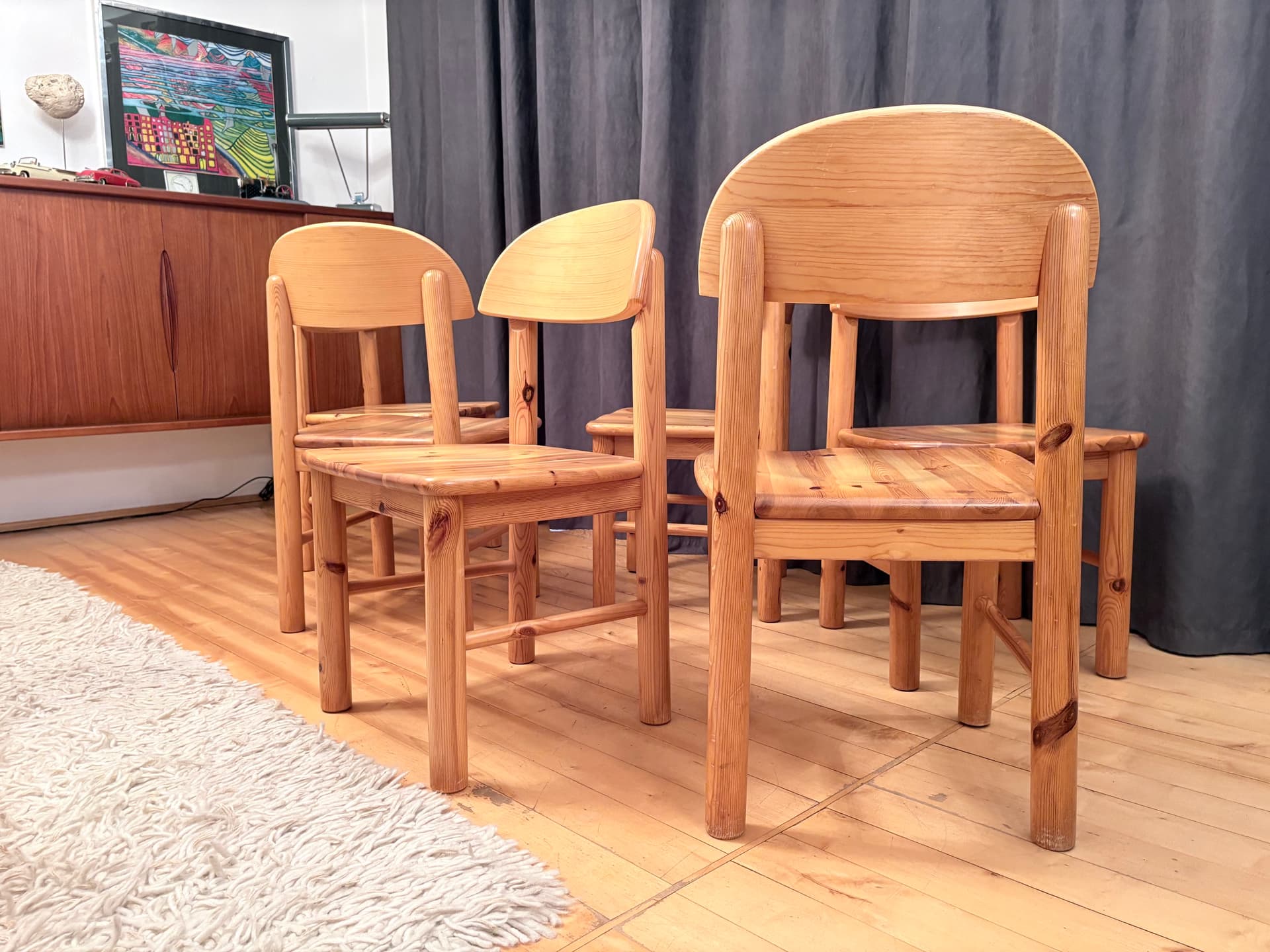 Set of Six Chairs, brown pine, by R. Daumiller, Denmark, 1970s. - 325698