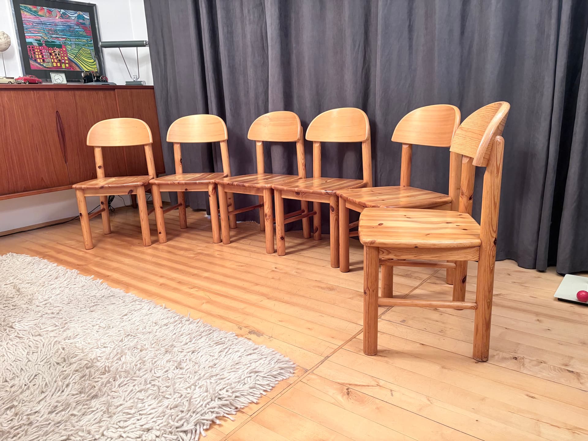 Set of Six Chairs, brown pine, by R. Daumiller, Denmark, 1970s. - 325691