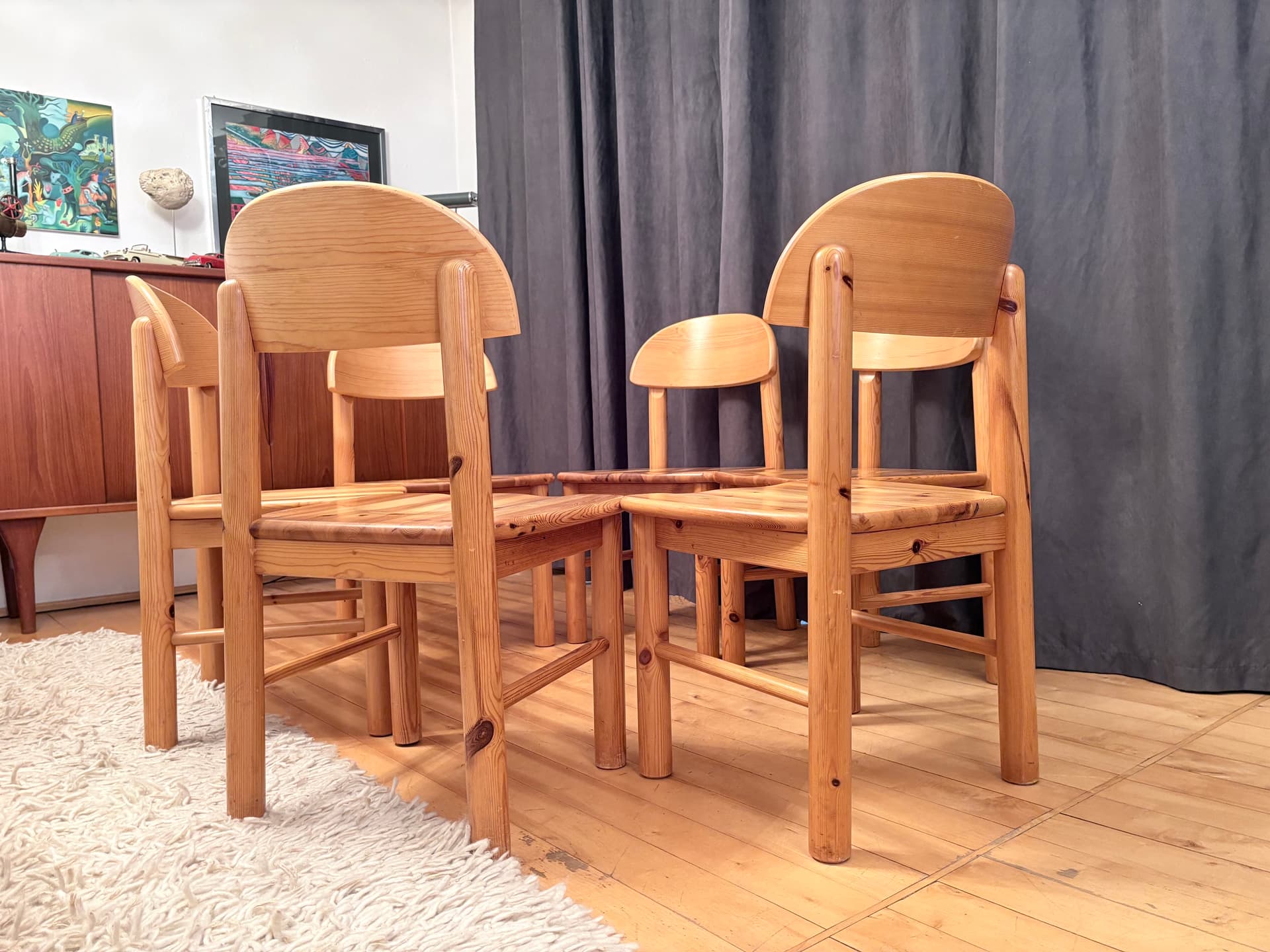 Set of Six Chairs, brown pine, by R. Daumiller, Denmark, 1970s. - 325695
