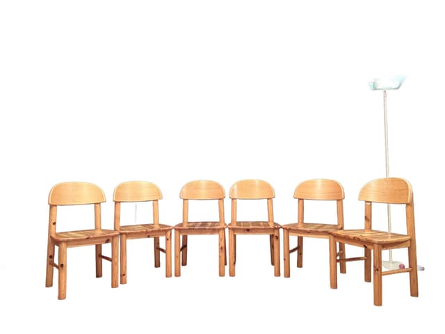 Set of Six Chairs, brown pine, by R. Daumiller, Denmark, 1970s. - DIMENSION