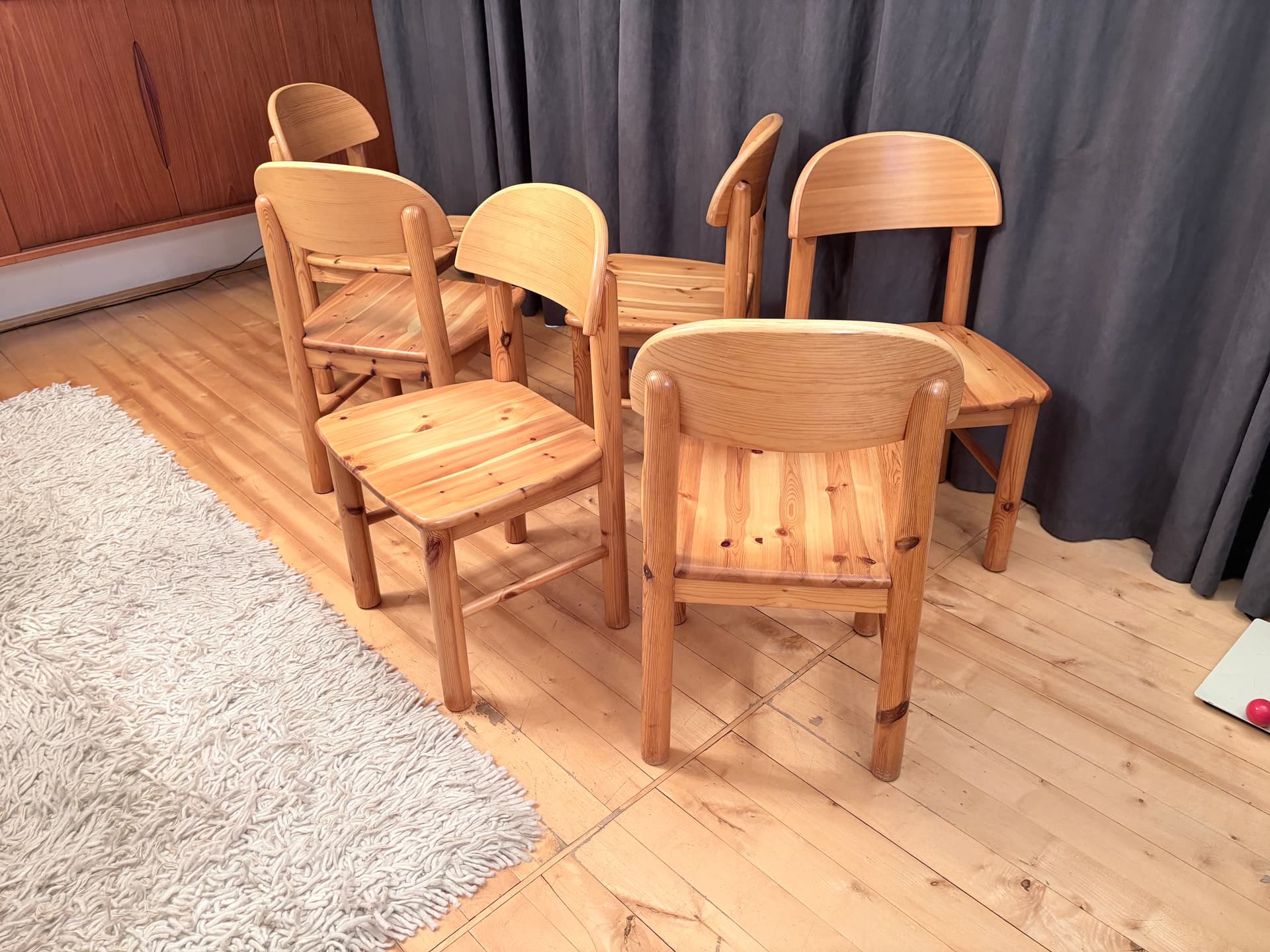 Set of Six Chairs, brown pine, by R. Daumiller, Denmark, 1970s. - 325696