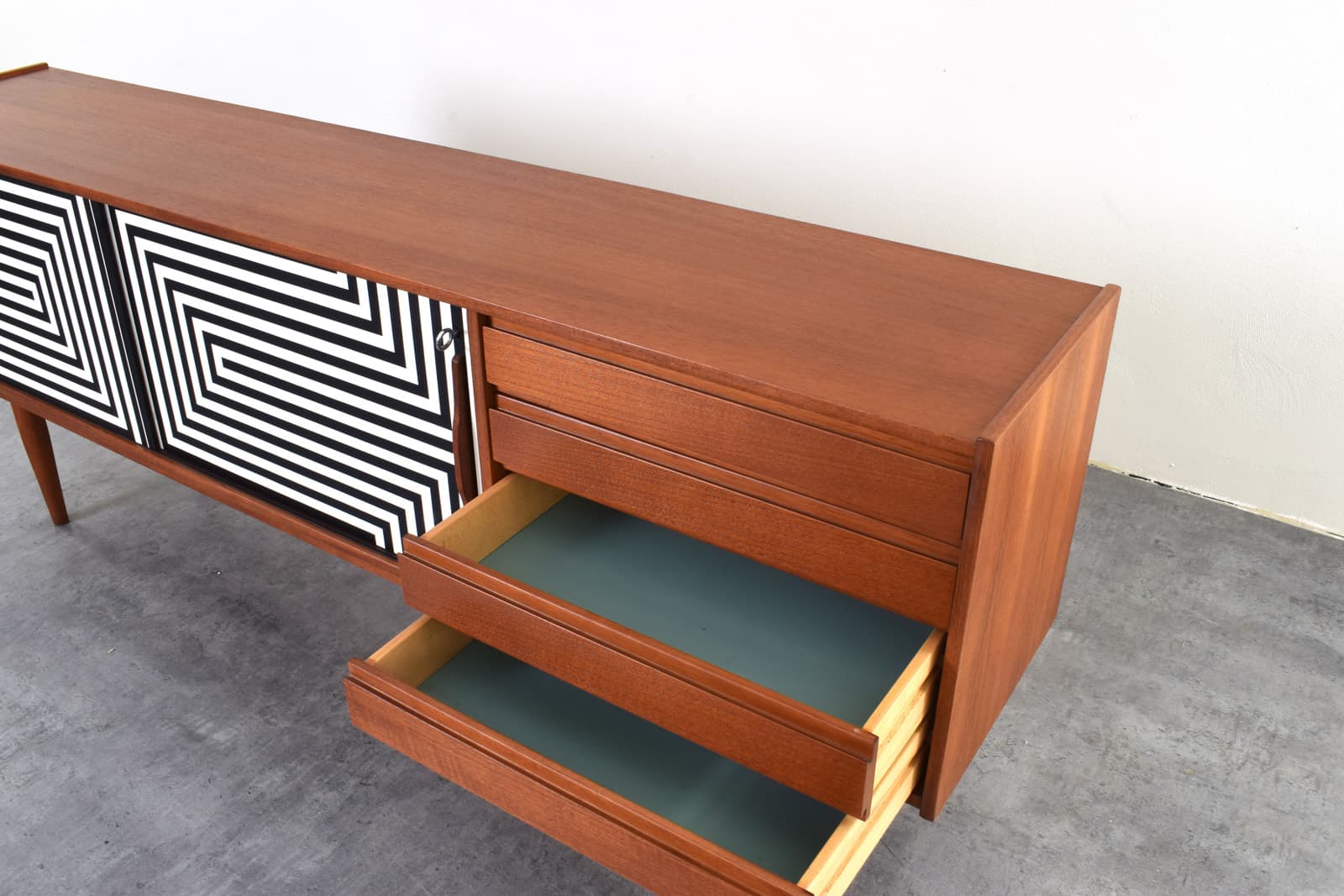 Sideboard Op-Art, teak brown, black and white front, Denmark, 1960s. - 325718