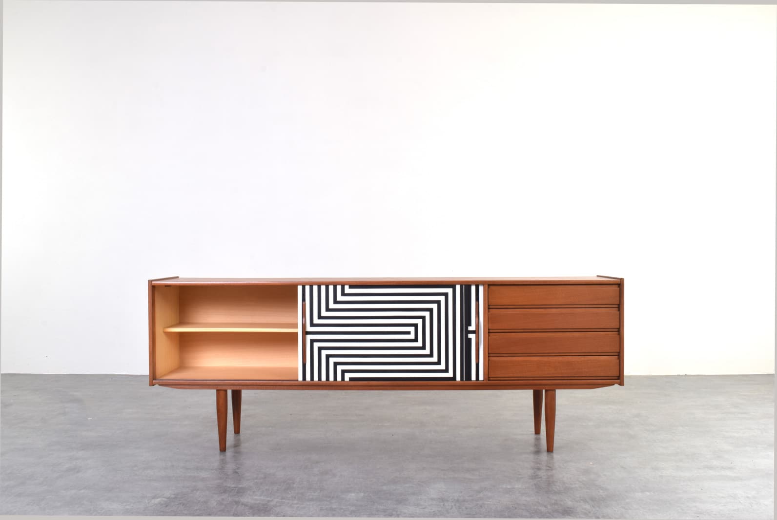 Sideboard Op-Art, teak brown, black and white front, Denmark, 1960s. - 325706