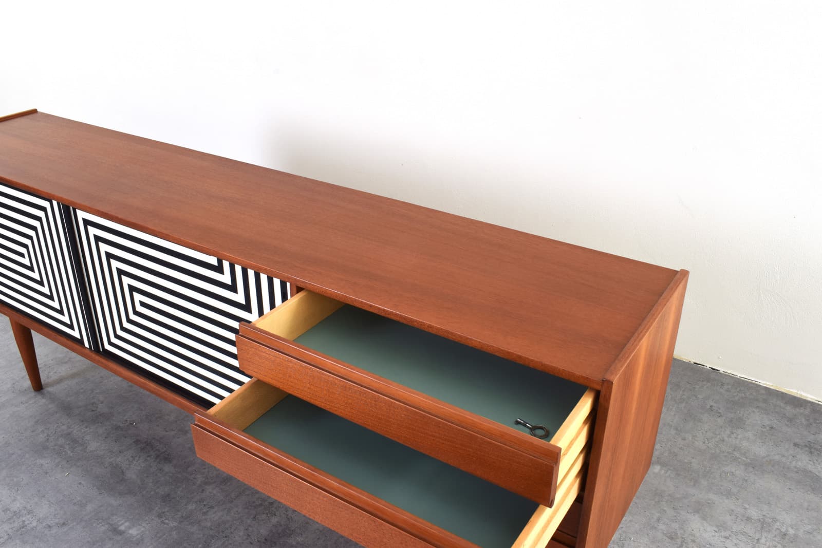 Sideboard Op-Art, teak brown, black and white front, Denmark, 1960s. - 325717
