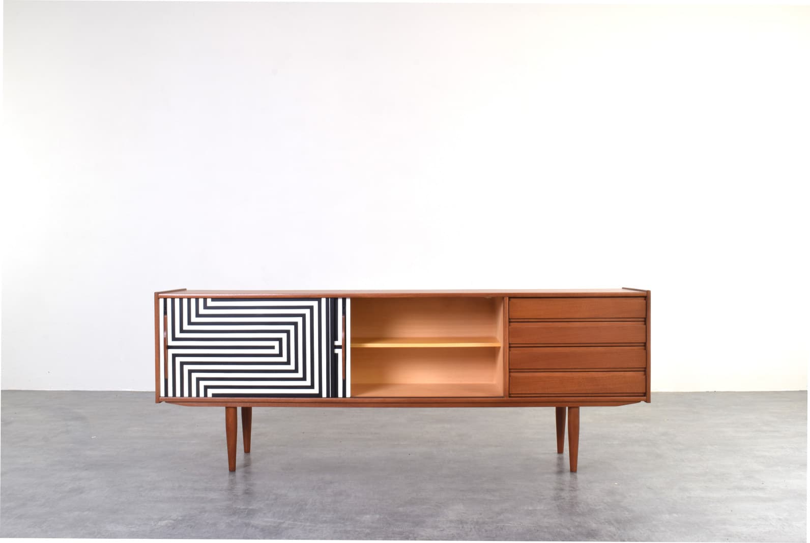 Sideboard Op-Art, teak brown, black and white front, Denmark, 1960s. - 325705