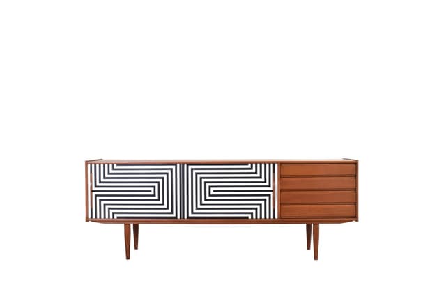 Sideboard Op-Art, teak brown, black and white front, Denmark, 1960s. - DIMENSION