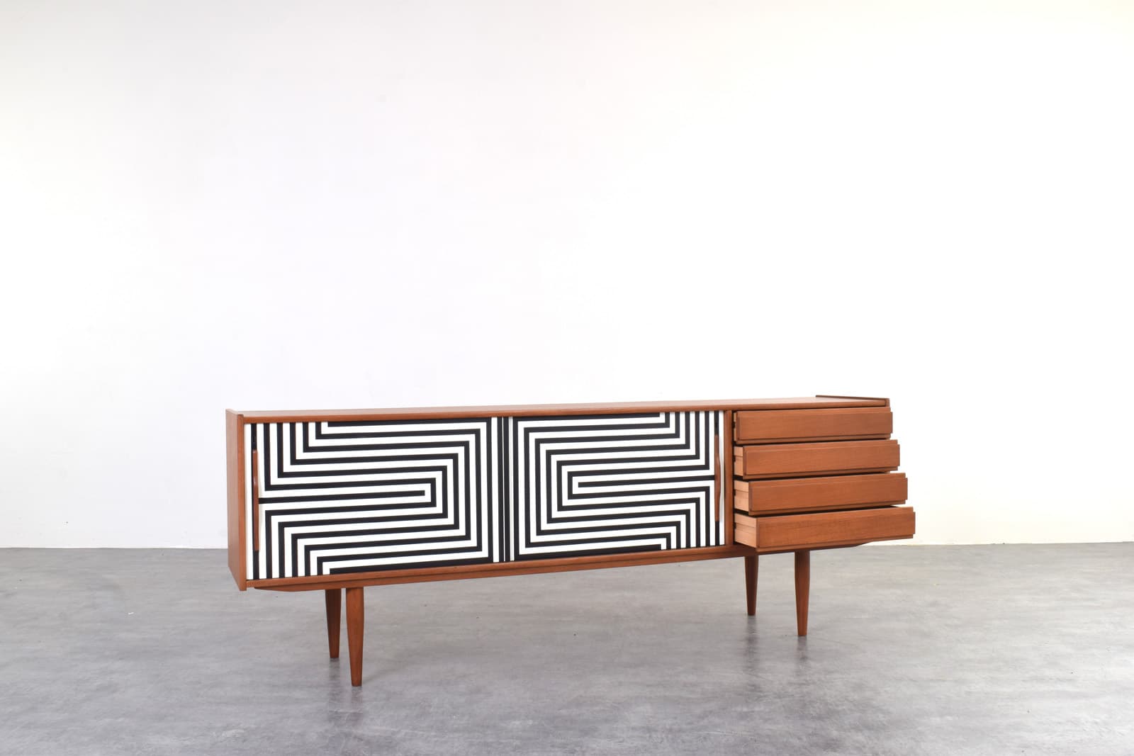 Sideboard Op-Art, teak brown, black and white front, Denmark, 1960s. - 325709