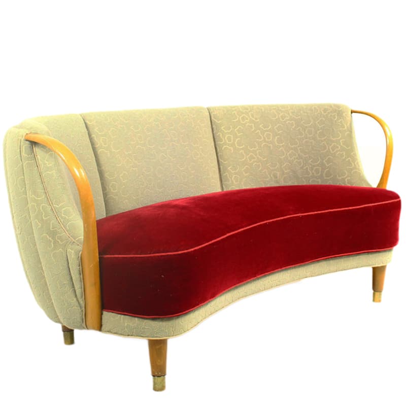 Banana sofa, burgundy velvet, honey beech, N.A. Jørgensens Møbelfabrik, Denmark, 1950s.