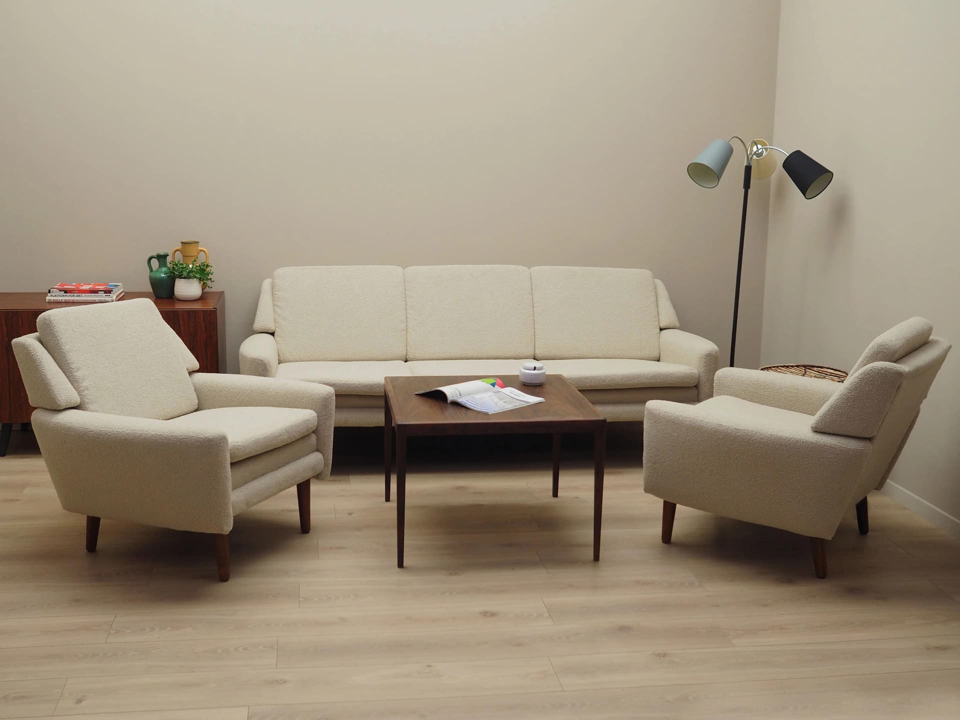 Sofa, beige boucle, rosewood, Denmark, 1970s - 24243