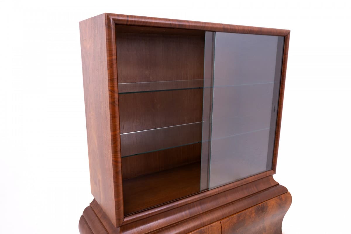 Witryna Art Deco, orzech brązowy, szkło, Polska, lata 20. - 325943