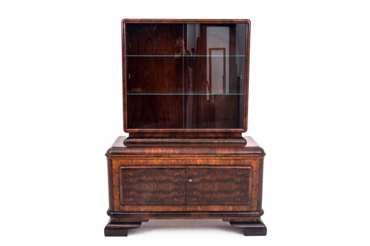 Cabinet Art Deco, brown walnut, transparent glass, Poland, 1940s