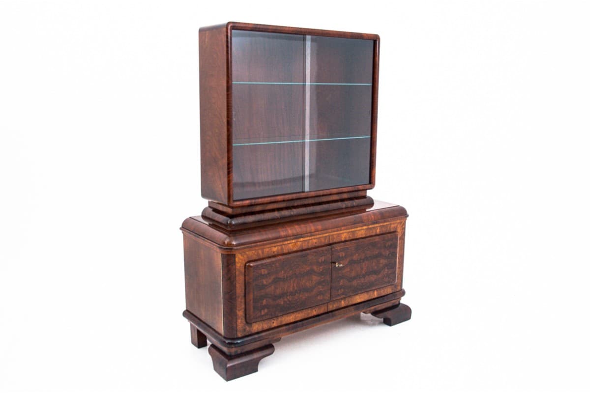 Cabinet Art Deco, brown walnut, transparent glass, Poland, 1940s - 325949