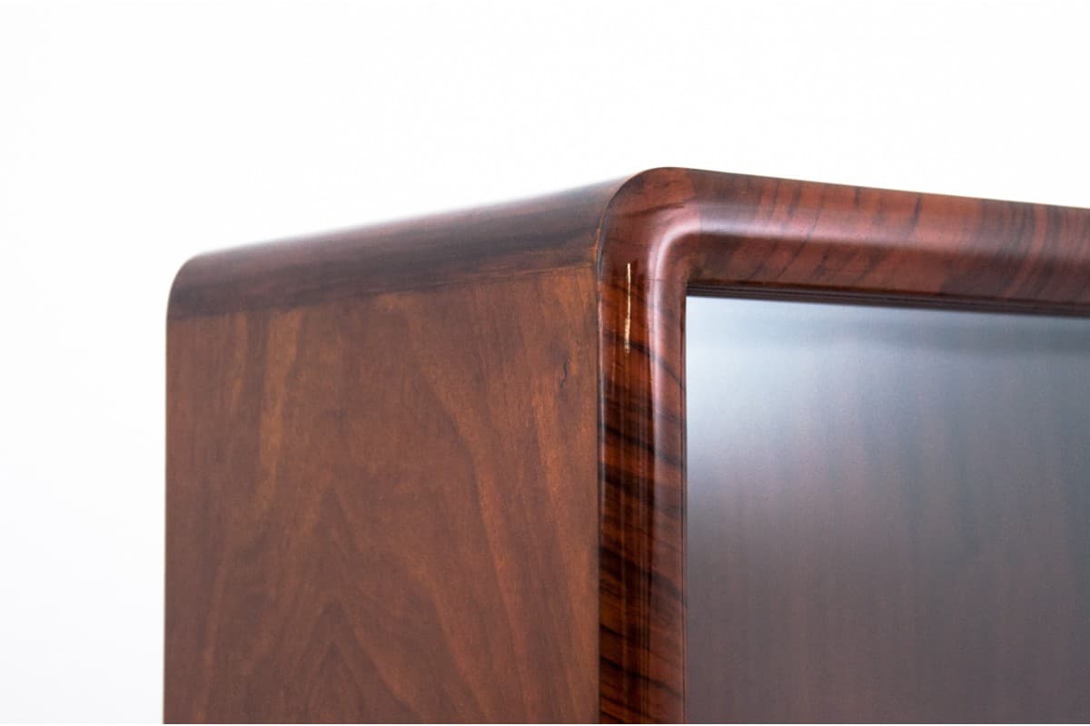 Cabinet Art Deco, brown walnut, transparent glass, Poland, 1940s - 325952