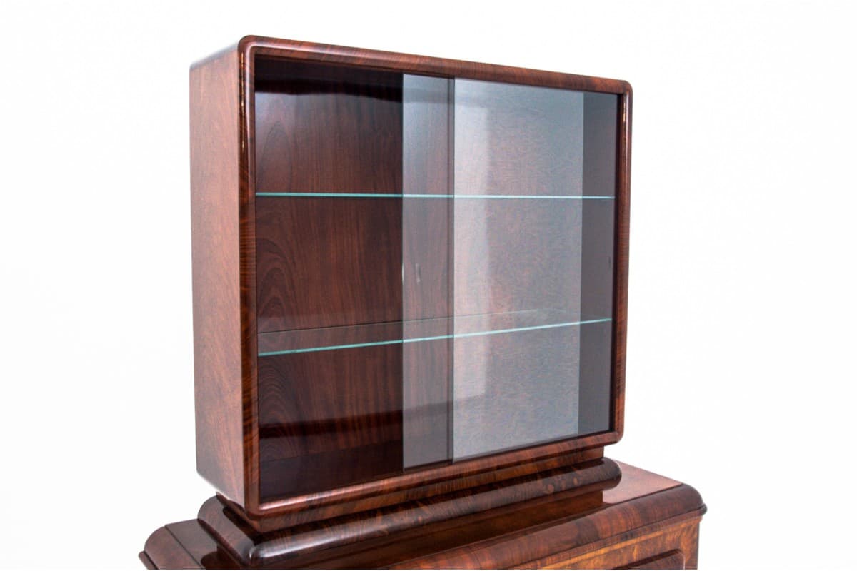Cabinet Art Deco, brown walnut, transparent glass, Poland, 1940s - 325950
