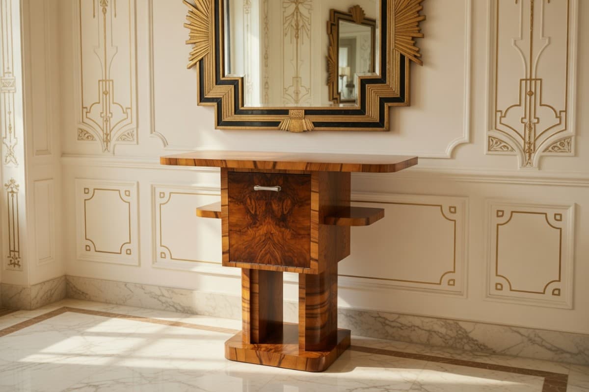 Konsola Art Deco, drewno brązowy, chrom, Polska, lata 50. - 325977